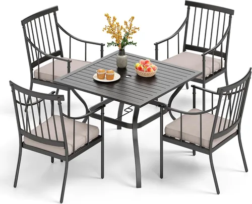 Miniatura 16 de PHI VILLA Juego de comedor al aire libre de 7 piezas con cojín, mesa de comedor rectangular de metal de 60 pulgadas con agujero para sombrilla y 6