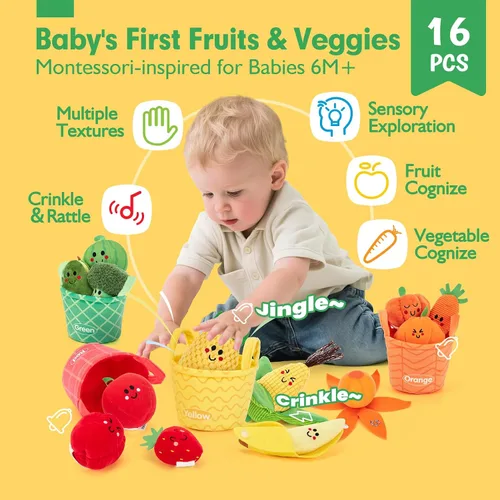 Miniatura 2 de Hahaland Juguetes sensoriales para bebés - 16 piezas Mi primera fruta Verdura Clasificación de color de alimentos de juego crujiente, sonajero