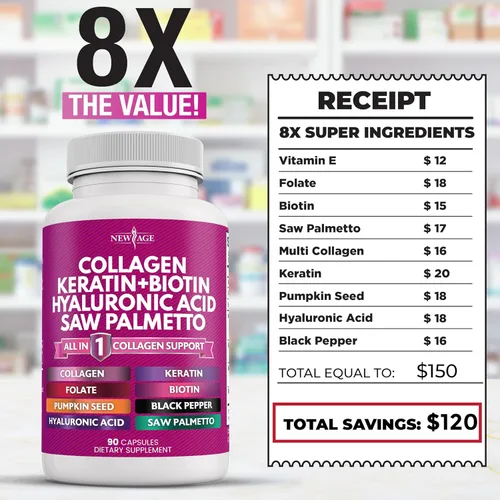 Miniatura 6 de NEW AGE Píldoras de Colágeno Biotina Queratina Saw Palmetto Ácido Hialurónico - Vitamina E Ácido Fólico Semilla de Calabaza MSM - 90