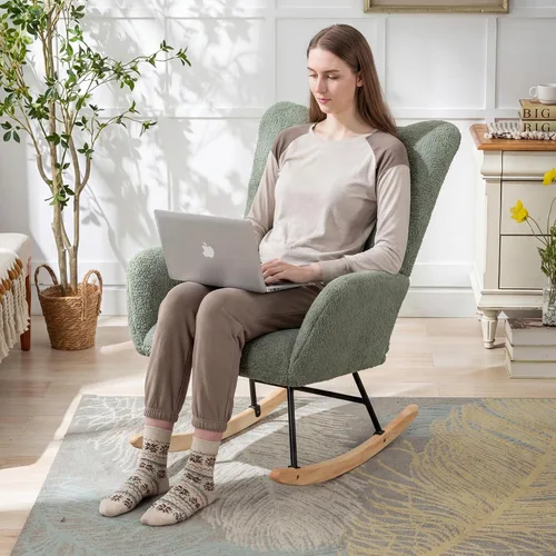 Miniatura 2 de Mecedora de cuarto de bebé con asiento deslizante tapizado en estilo oso de peluche, con respaldo alto, sillón acento con cómodo bolsillo lateral