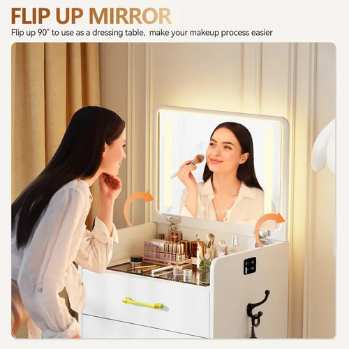 Miniatura 3 de Escritorio de tocador 3 en 1 con espejo abatible y luces, mesa de tocador de maquillaje con parte superior de vidrio con estación de carga, tocador