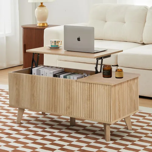 Miniatura 18 de XUZENEST - Mesa de café redonda de 31.5" con almacenamiento, mesa de café de 2 niveles de mediados de siglo moderna con puerta deslizante de tambor
