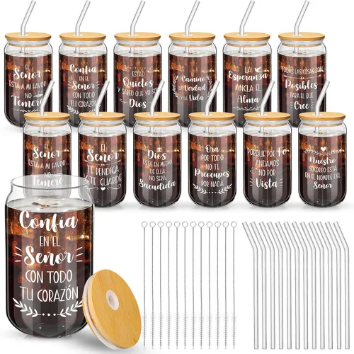 Miniatura 8 de 12 tazas de vidrio cristiano de 16 onzas con tapas y pajitas de bambú, tazas inspiradoras con versículos de la Biblia para hombres, tazas de té