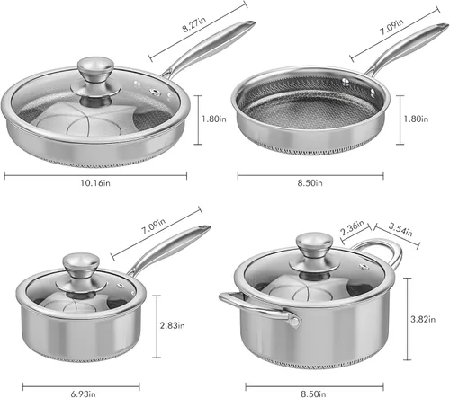 Miniatura 2 de AuFranc Juego de ollas y sartenes híbridas de acero inoxidable antiadherentes, juego de utensilios de cocina de inducción con tapas de vidrio