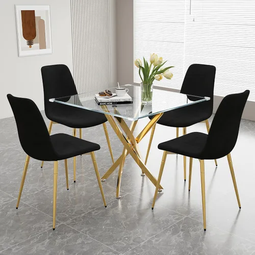 Miniatura 15 de Juego de mesa de comedor de cristal para 4, juego de mesa de cocina redonda dorada de 5 piezas con 4 sillas tapizadas negras, mesa de comedor