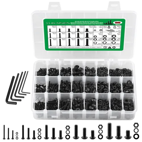Miniatura 24 de Surtido de 1500 piezas de tornillos, tuercas y arandelas, kit de pernos y tuercas métricos M2 M3 M4 M5 M6 con cabeza hexagonal de casquillo, acero