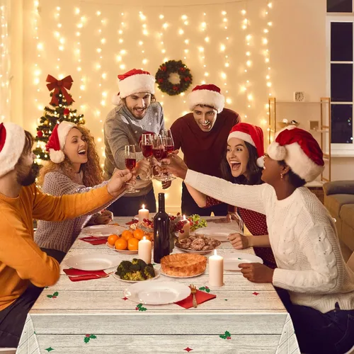 Miniatura 6 de WovWeave Mantel de Navidad de 3 piezas, mantel de Navidad con texto en inglés "Merry Christmas", mantel rectangular de plástico con diseño de Jesús