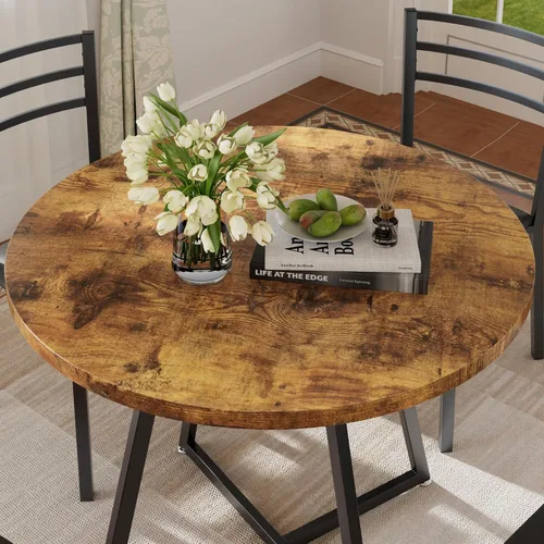 Miniatura 5 de Mesa redonda de comedor VECELO con tablero de grano de madera y marco de acero, para cocina, sala de estar, oficina, conferencia, 2 a 4 personas
