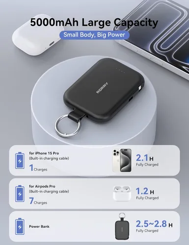 Miniatura 3 de RORRY Cargador portátil, batería externa de 5000mAh con cables incorporados, paquete de batería de llavero de viaje para iPhone 17/16/15/14/13/12