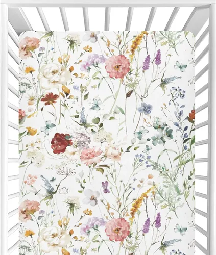 CaTaKu Sábanas de cuna para niñas y niños – Sábanas de bebé bohemias con flores silvestres, sábanas de colchón neutro para cuna para cama de
