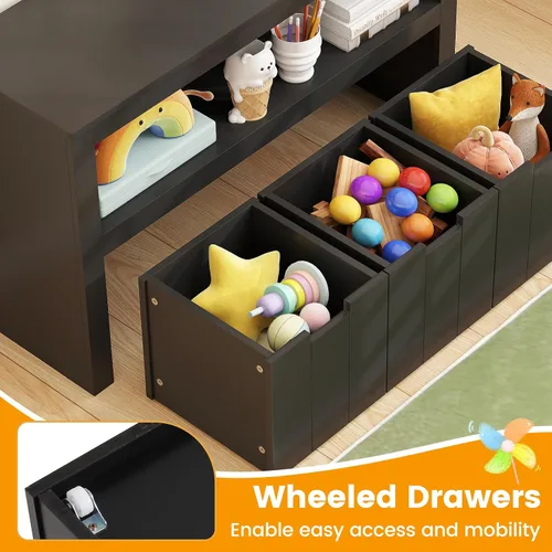 Miniatura 5 de HONEY JOY Organizador de almacenamiento de juguetes para niños, estante de guardería para niños, 3 cajas de juguetes de madera con ruedas, armario