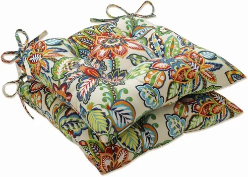 Pillow Perfect Cojín para silla de mimbre copetudo para interiores y exteriores con lazos, 2 unidades, 18.5 x 19 pulgadas, azul/verde Copeland
