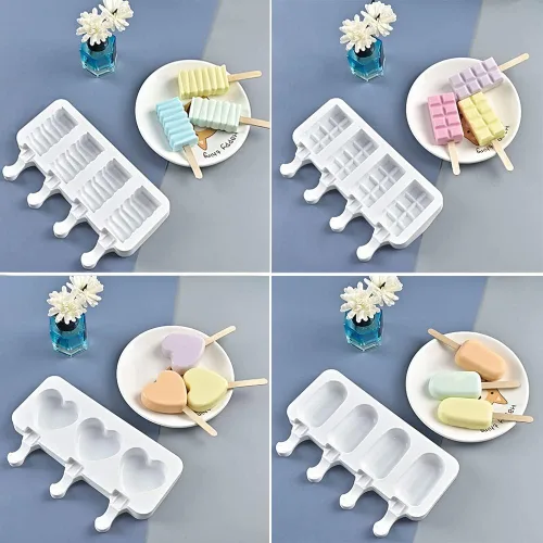 Miniatura 4 de ELANE 4 moldes para paletas de hielo, silicona, con forma de cilindro, blanco, moldes para paletas de hielo con 25 palitos de paletas