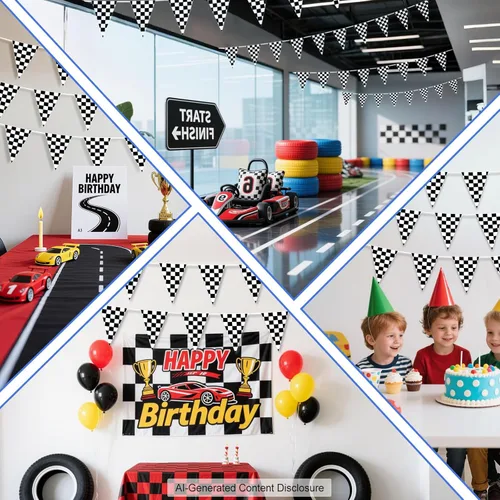 Miniatura 5 de Piokio - Bandera de doble cara de plástico con bandera a cuadros, decoraciones de cumpleaños de carreras, para suministros de fiesta de autos Nascar