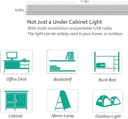 Miniatura 3 de ASOKO Iluminación LED para debajo del gabinete, barra de tira de luz de 12 pulgadas, luz blanca fría 6000 K regulable con enchufe USB, pequeña