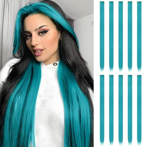 Miniatura 54 de FESHFEN Extensiones de cabello con clip de colores, 16 piezas de 8 colores resaltados, piezas de cabello sintético lacio con clip para mujer, 22