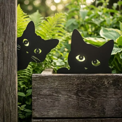 Black Cat Fence Decor Metal Cats Yard Art Outdoor and Garden, Metal Cats Silhouette Garden Decor for Outside Lawn Patio Courtyard, Cute Kitty Fence