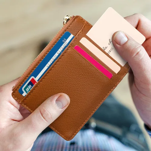 Miniatura 107 de Tarjetero delgado con bloqueo RFID, billetera de bolsillo pequeño, con cremallera Keychian para monedero, monedero y tarjetero para mujeres y hombres