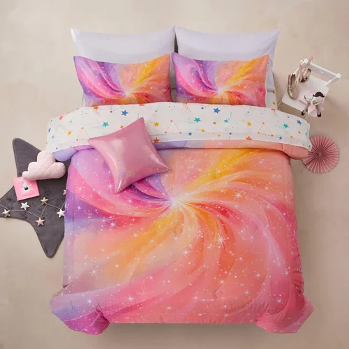 Miniatura 16 de A Nice Night Juego de Edredón para Niñas Tamaño Twin 6 Piezas Cama en una Bolsa Ropa de Cama 3D Colorida Brillante Galaxia Arcoíris