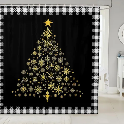 Homewish Cortina de ducha de árbol de Navidad, juego de cortina de ducha de baño con diseño de copo de nieve dorado para niños y adultos, cortina de