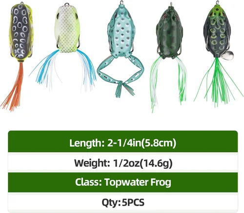 Miniatura 3 de RUNCL Topwater - Señuelos de rana – 5 piezas de cebos de silicona duraderos y realistas para agua dulce y salada, señuelos flotantes realistas