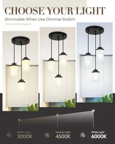 Miniatura 2 de TENGXIN Lámpara Colgante Moderna de 3 Luces con Pantalla de Vidrio Negro Mate, Iluminación Colgante Ajustable de Estilo Industrial Retro, Accesorio