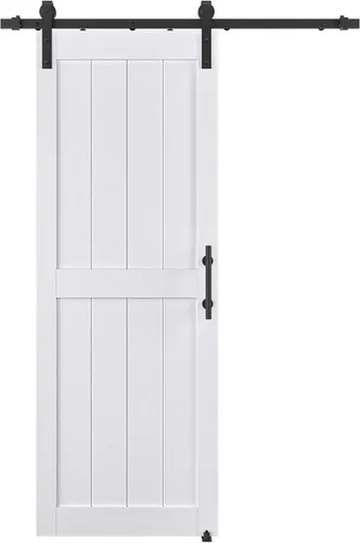 Puerta corrediza de granero MDF de 30 x 84 pulgadas con kit de herrajes para puerta de granero de 5 pies y asa, agujeros preperforados, fácil Blanco