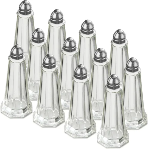 Miniatura 10 de New Star Foodservice Juego de 12 saleros y pimenteros de torre de cristal, 1 oz, cocteleros de vidrio transparente con tapas chapadas en oro