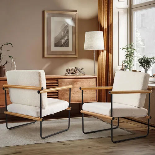Miniatura 3 de Silla decorativa de tela Boucle de 29 pulgadas para dormitorio, sillón moderno para sala de estar, sillón de lectura tapizado con brazos de metal