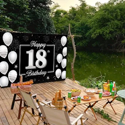 Miniatura 6 de Cartel de fondo de cumpleaños número 18, decoración de fiesta plateada y negra para niños y niñas, fondo de cabina de fotos