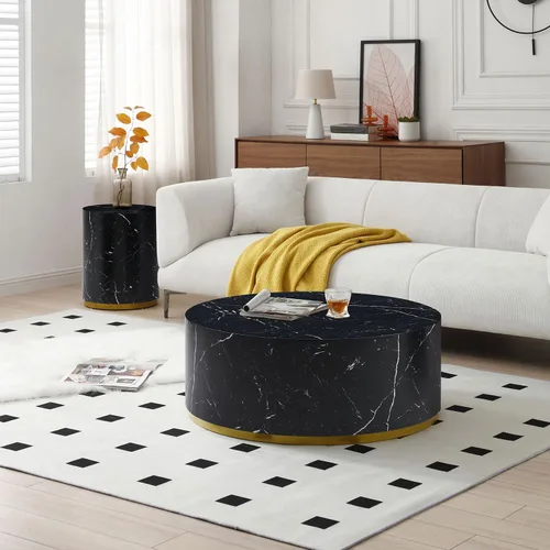 Miniatura 4 de JUSTONE Mesa auxiliar negra con fondo de borde dorado y textura de mármol, mesa auxiliar redonda para sala de estar, artículos esenciales