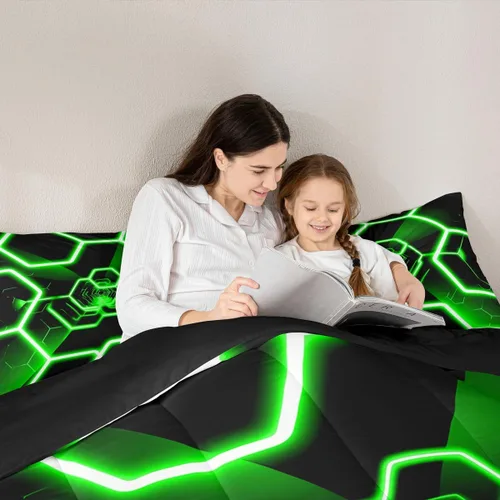 Miniatura 6 de Feelyou Juego de ropa de cama de panal de abeja, tamaño individual, juego de edredón hexagonal verde para niños y niñas, decoración geométrica