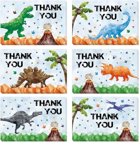 WERNNSAI 24 tarjetas de agradecimiento de dinosaurio, decoraciones de fiesta de dinosaurios, tarjetas de agradecimiento para niños con sobres, Niño