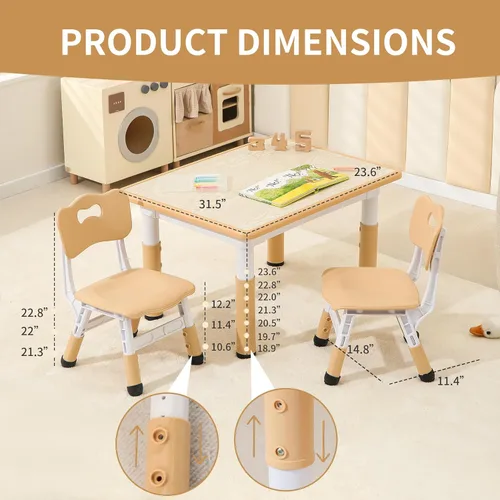Miniatura 2 de Hulaibit Mesa y 2 sillas para niños pequeños, juego de mesa y sillas para niños de altura ajustable, 31.5 pulgadas de largo x 23.6 pulgadas