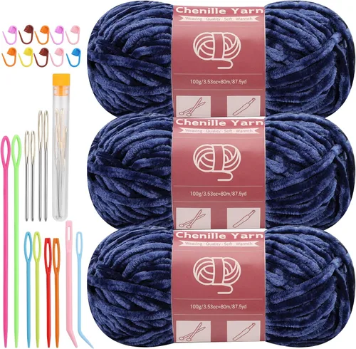 Miniatura 8 de LUNARM Hilado de chenilla para tejer y hacer ganchillo, 3 madejas de 240 metros de hilo grueso, suave y voluminoso, para tejer mantas, ropa y Beige