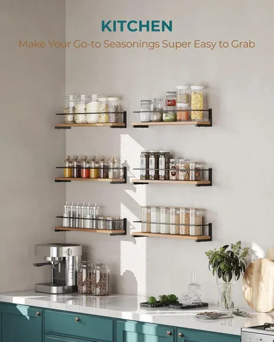 Miniatura 3 de OROPY Estante para especias montado en la pared, estante colgante de madera rústica para colocar sobre la estufa, pared de cocina, paquete de 4