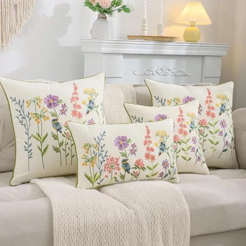 Miniatura 8 de Juego de 2 fundas de almohada bordadas de 16 x 16 pulgadas, diseño vintage de pájaros con flores, fundas de almohada de granja para almohada, fundas