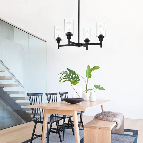 Miniatura 2 de Lámpara de araña de cristal de 4 luces estilo granja, negra, para cocina, iluminación colgante con cilindro de cristal transparente para comedor