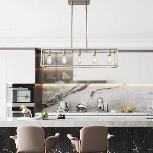 Miniatura 2 de 5 luces de isla de iluminación de níquel cepillado para comedor, lámpara colgante de granja moderna isla de cocina, iluminación lineal de granja
