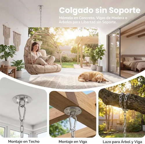 Miniatura 4 de NICESOUL Silla de huevo sin soporte para interiores y exteriores, cómoda silla colgante de mimbre para patio con cojín, hamaca columpio de 350 Beige