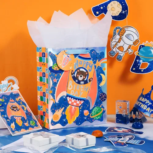 Miniatura 6 de LeZakaa Bolsa de regalo de cumpleaños de 13 pulgadas, bolsa de regalo mediana de papel de aluminio metálico con papel de seda, etiqueta de regalo