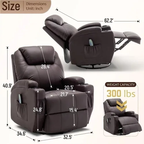 Miniatura 2 de Sillón reclinable giratorio con calor y masaje, silla reclinable eléctrica con control remoto, portavasos y puerto USB, asiento de gran