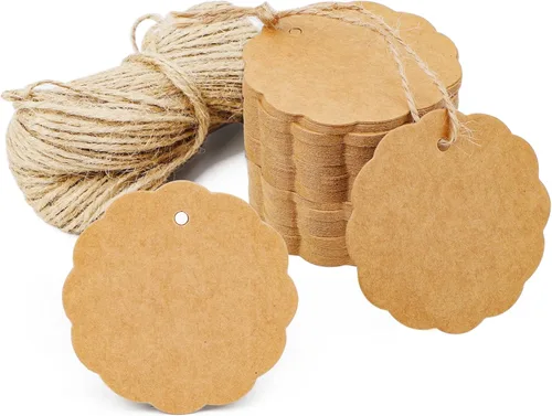 Segarty Etiquetas para manualidades, 100 etiquetas de regalo de papel de flores marrones con cordel de yute de 65 pies para regalos de boda,