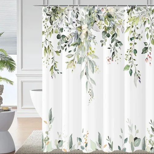 Miniatura 12 de Cortina de ducha de hojas de eucalipto en blanco y negro, hojas de acuarela negras y doradas, cortina de baño con plantas botánicas, tela