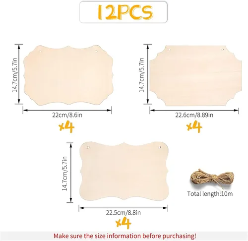 Miniatura 2 de 12 piezas de manualidades de madera sin terminar, placas de madera con forma rectangular para carritos, colgador de puerta, quema, pintura