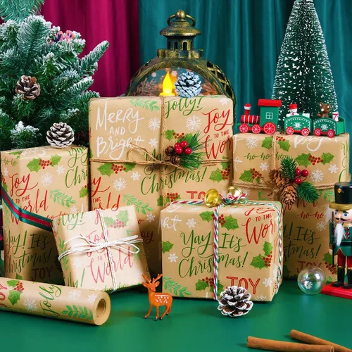 Miniatura 3 de Rollo de papel de regalo de Navidad, rollo de papel kraft vintage, 17 pulgadas x 49 pies, copos de nieve, hojas/bayas de acebo, papel de regalo