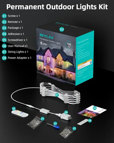 Miniatura 9 de REYLAX Luces permanentes para exteriores de 100 pies con 60 luces LED, luces de alero RGB+IC, IP67 impermeable, múltiples escenas para decoración