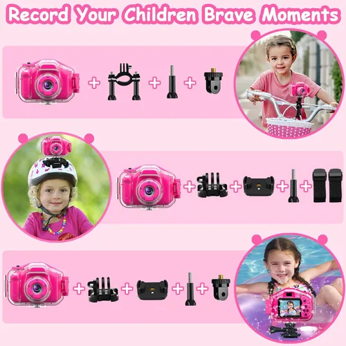 Miniatura 6 de Agoigo Cámara impermeable para niños – Videocámara digital de video HD subacuática para niños, juguete de viaje portátil para niños pequeños – Rosa