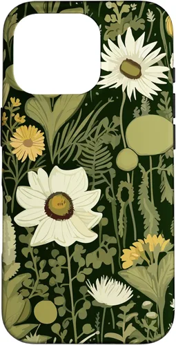 Miniatura 19 de iPhone 13 Wildflower, patrón de flores botánicas verdes, funda de flores silvestres boho