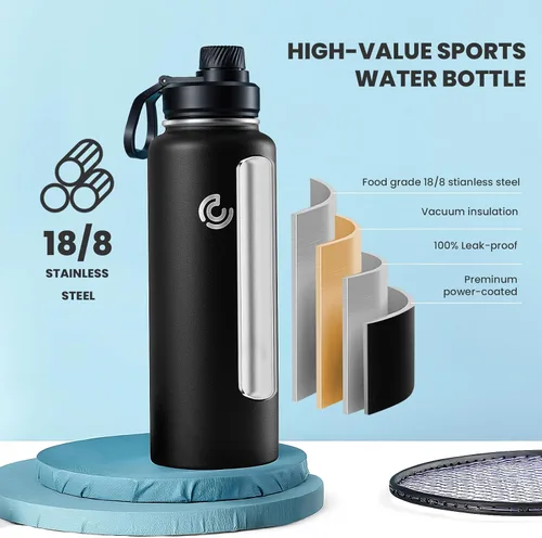 Miniatura 3 de Botella de agua deportiva de 40 onzas, botella de agua aislada con asa, acero inoxidable, simple y moderna, adecuada para viajes, escuela, niño